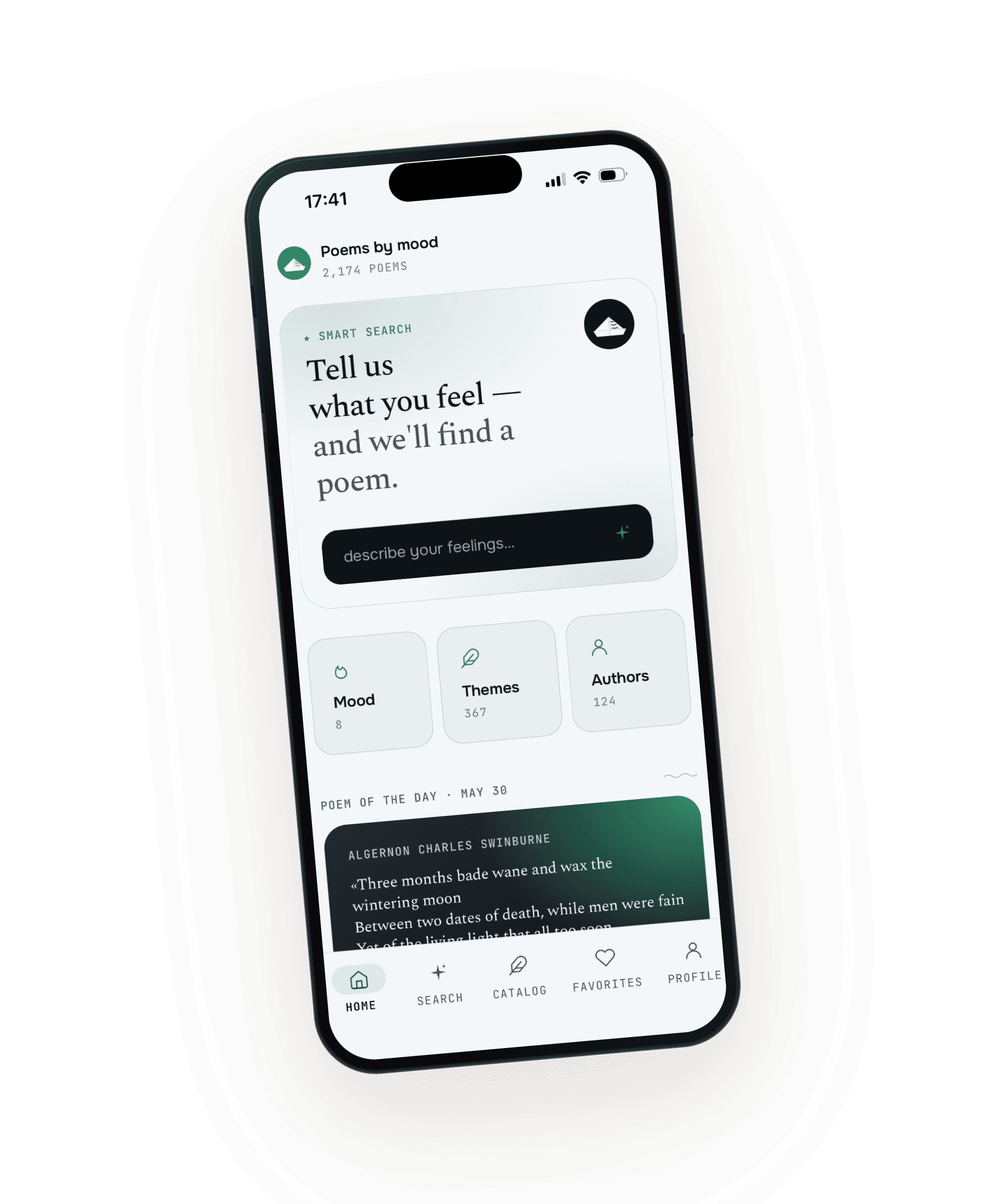 Poems by Mood app home screen