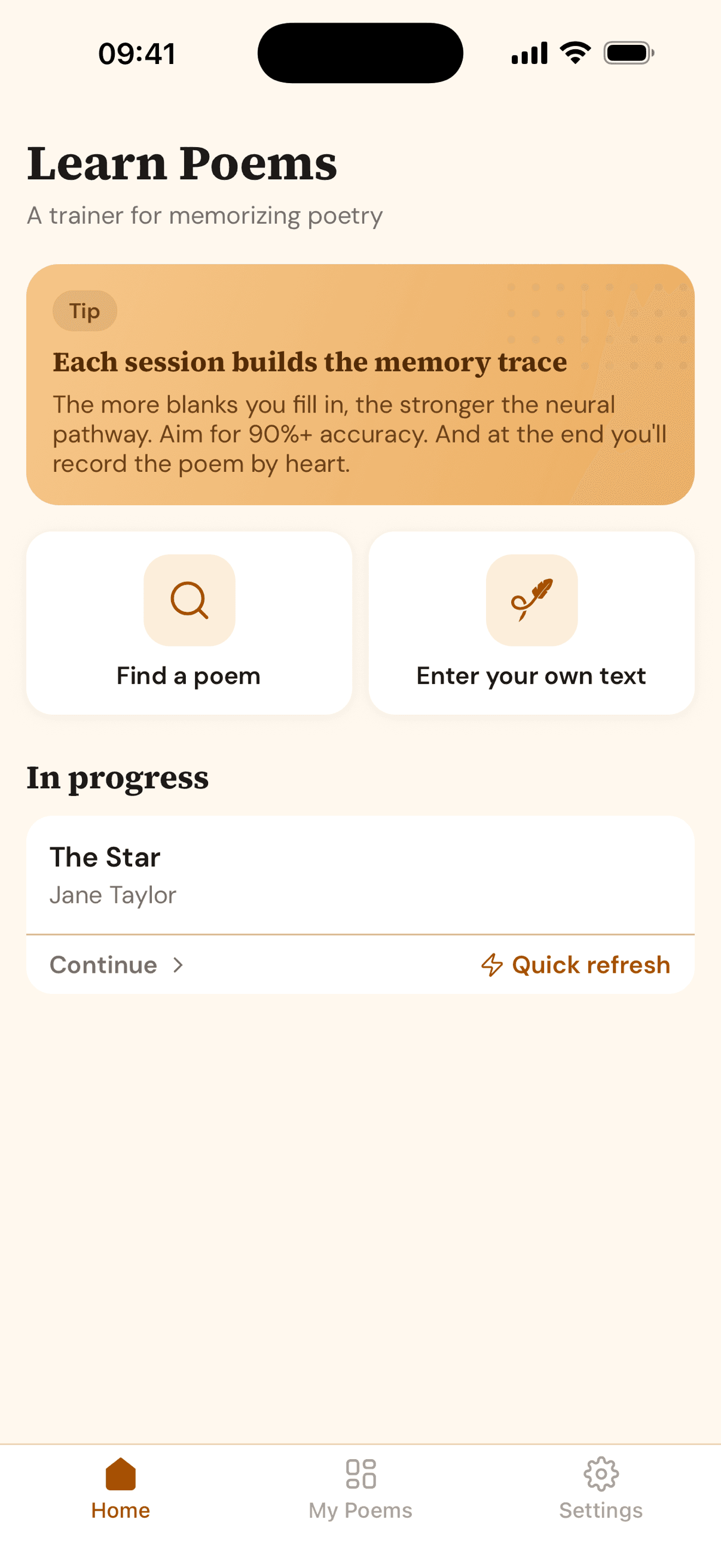 Home screen with a poem in progress